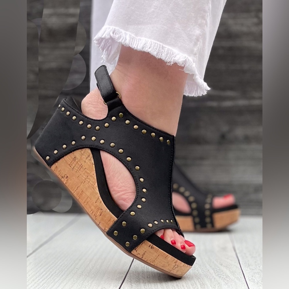 Corkys Black Studded Cork Wedge Sandals